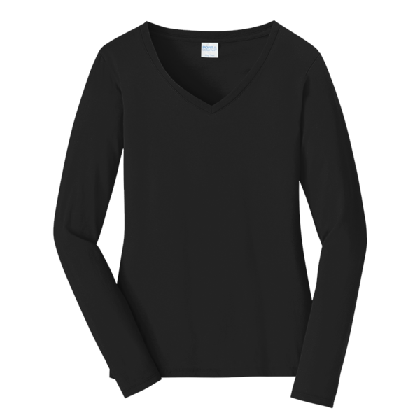 Port & Co Women's Long Sleeve Fan Favorite V Neck Tee, Jet Black, Front view