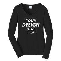 Port & Co Women's Long Sleeve Fan Favorite V Neck Tee, Jet Black, Front view, Mockup