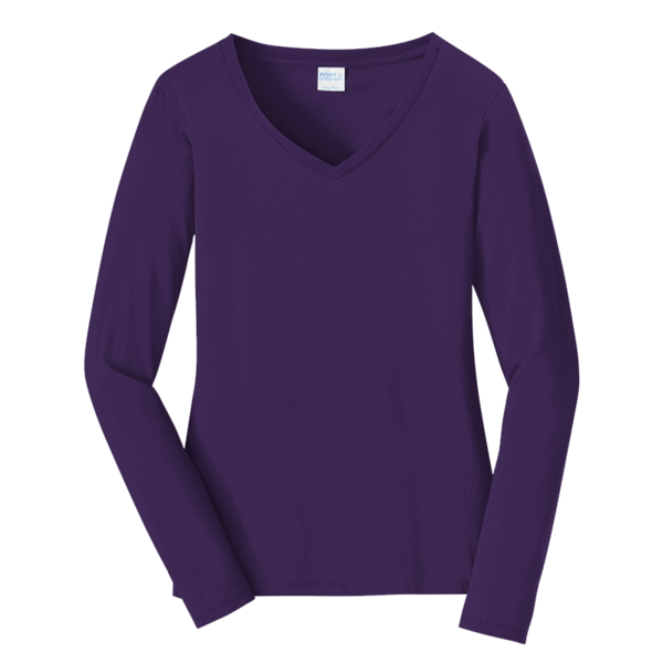 Port & Co Women's Long Sleeve Fan Favorite V Neck Tee, Team Purple, Front view