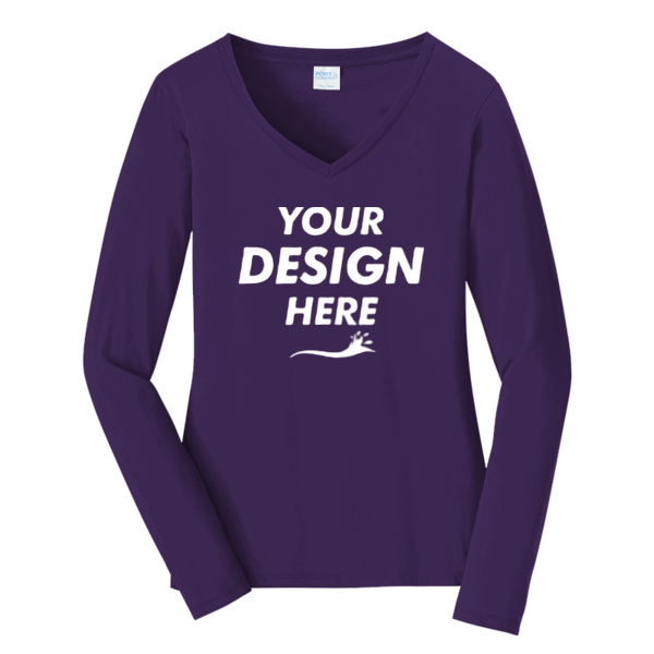 Port & Co Women's Long Sleeve Fan Favorite V Neck Tee, Team Purple, Front view, Mockup