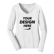 Port & Co Women's Long Sleeve Fan Favorite V Neck Tee, White, Front view, Mockup