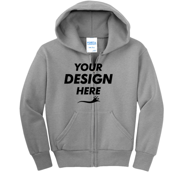 Port & Co Youth Core Fleece Full Zip Hooded Sweatshirt, Athletic Heather, Front view, Mockup