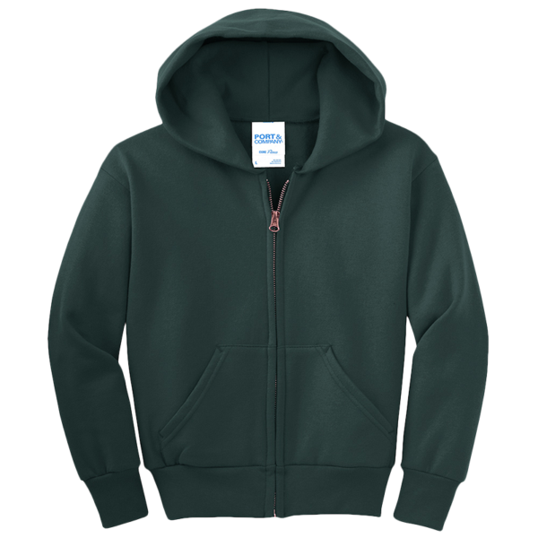 Port & Co Youth Core Fleece Full Zip Hooded Sweatshirt, Dark Green, Front view