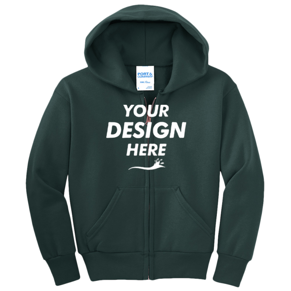 Port & Co Youth Core Fleece Full Zip Hooded Sweatshirt, Dark Green, Front view, Mockup