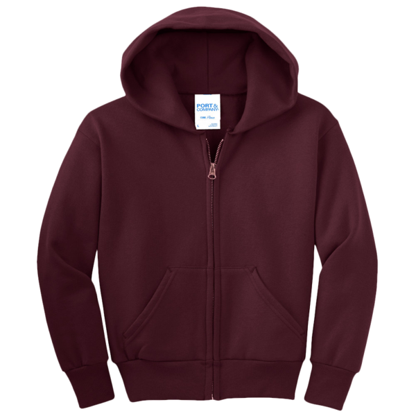 Port & Co Youth Core Fleece Full Zip Hooded Sweatshirt, Maroon, Front view
