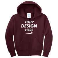 Port & Co Youth Core Fleece Full Zip Hooded Sweatshirt, Maroon, Front view, Mockup