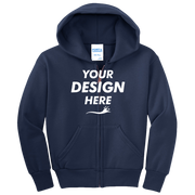 Port & Co Youth Core Fleece Full Zip Hooded Sweatshirt, Navy, Front view, Mockup
