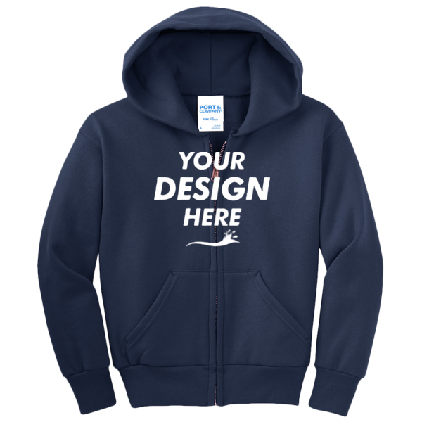 Port & Co Youth Core Fleece Full Zip Hooded Sweatshirt, Navy, Front view, Mockup
