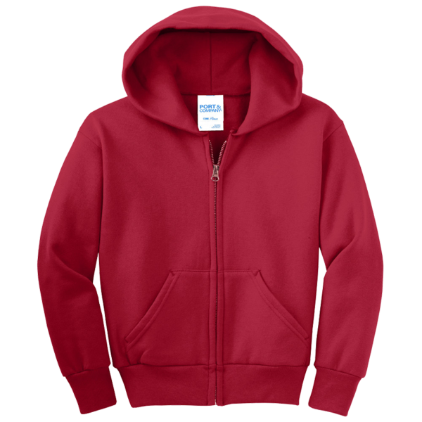 Port & Co Youth Core Fleece Full Zip Hooded Sweatshirt, Red, Front view