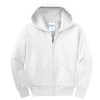 Port & Co Youth Core Fleece Full Zip Hooded Sweatshirt, White, Front view