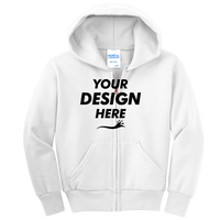 Port & Co Youth Core Fleece Full Zip Hooded Sweatshirt, White, Front view, Mockup