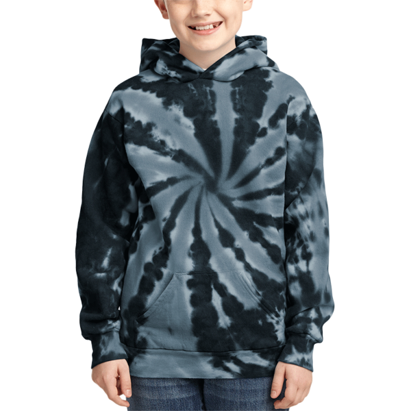 Port & Co Youth Tie Dye Pullover Hooded Sweatshirt, Black, Front view