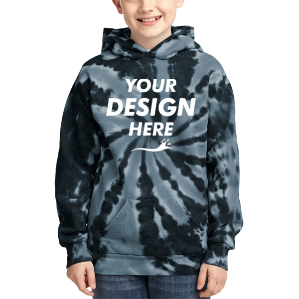 Port & Co Youth Tie Dye Pullover Hooded Sweatshirt, Black, Front view, Mockup