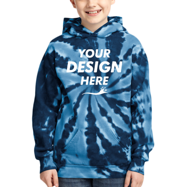 Port & Co Youth Tie Dye Pullover Hooded Sweatshirt, Navy, Front view, Mockup