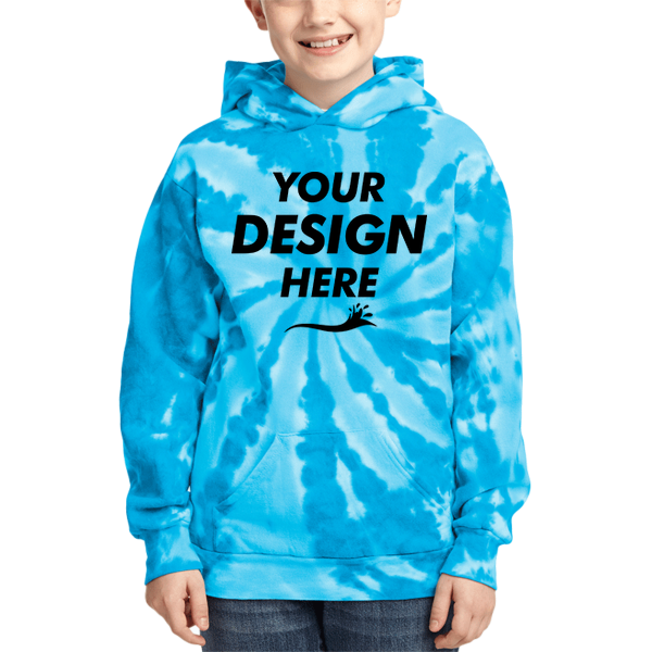 Port & Co Youth Tie Dye Pullover Hooded Sweatshirt, Turquoise, Front view, Mockup