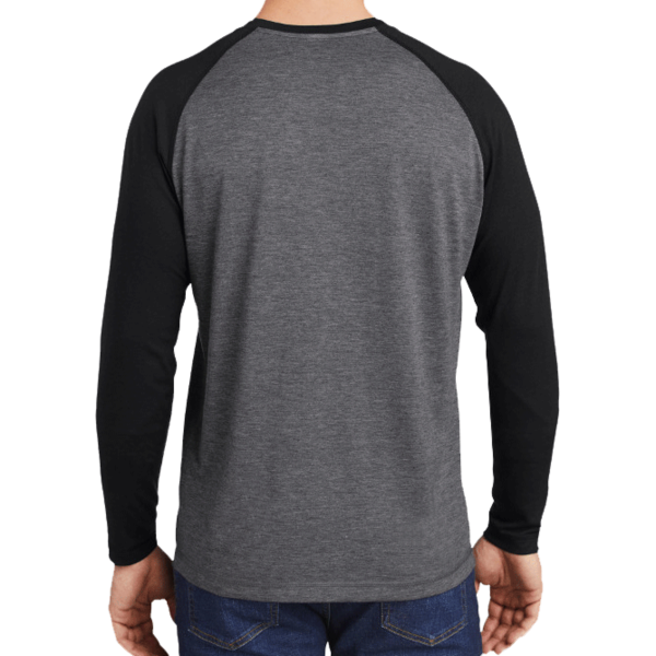 Sport Tek PosiCharge ® Long Sleeve Tri Blend Wicking Raglan Tee, Black Triad Solid / Dark Grey Heather, Back view