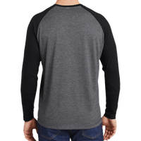 Sport Tek PosiCharge ® Long Sleeve Tri Blend Wicking Raglan Tee, Black Triad Solid / Dark Grey Heather, Back view