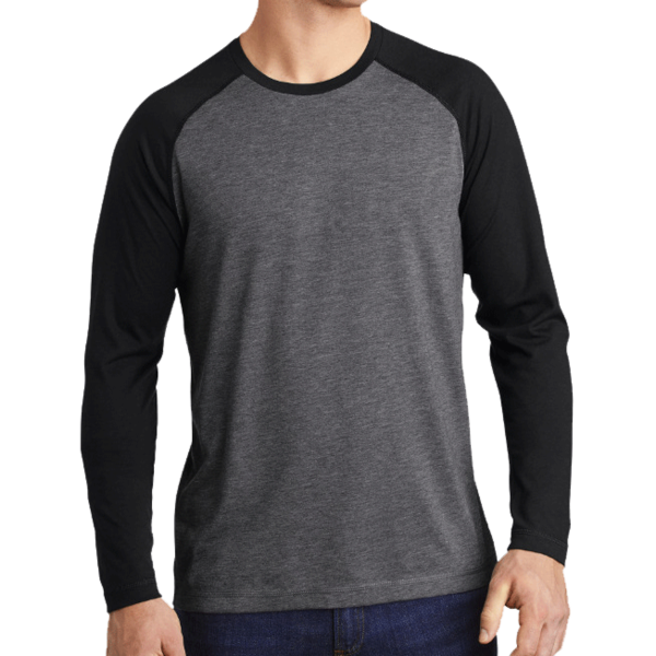 Sport Tek PosiCharge ® Long Sleeve Tri Blend Wicking Raglan Tee, Black Triad Solid / Dark Grey Heather, Front view