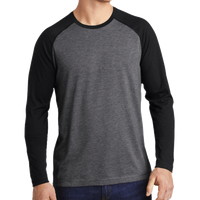 Sport Tek PosiCharge ® Long Sleeve Tri Blend Wicking Raglan Tee, Black Triad Solid / Dark Grey Heather, Front view
