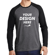 Sport Tek PosiCharge ® Long Sleeve Tri Blend Wicking Raglan Tee, Black Triad Solid / Dark Grey Heather, Front view, Mockup