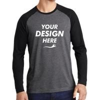 Sport Tek PosiCharge ® Long Sleeve Tri Blend Wicking Raglan Tee, Black Triad Solid / Dark Grey Heather, Front view, Mockup