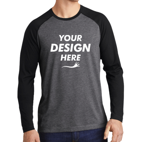 Sport Tek PosiCharge ® Long Sleeve Tri Blend Wicking Raglan Tee, Black Triad Solid / Dark Grey Heather, Front view, Mockup