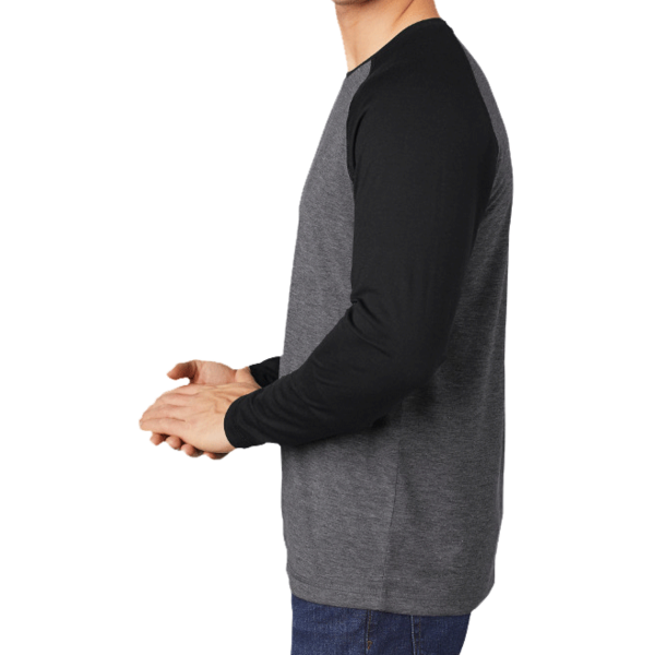 Sport Tek PosiCharge ® Long Sleeve Tri Blend Wicking Raglan Tee, Black Triad Solid / Dark Grey Heather, Left Sleeve view