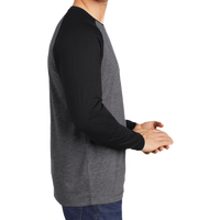 Sport Tek PosiCharge ® Long Sleeve Tri Blend Wicking Raglan Tee, Black Triad Solid / Dark Grey Heather, Right Sleeve view