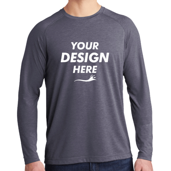 Sport Tek PosiCharge ® Long Sleeve Tri Blend Wicking Raglan Tee, True Navy Heather / True Navy Heather, Front view, Mockup