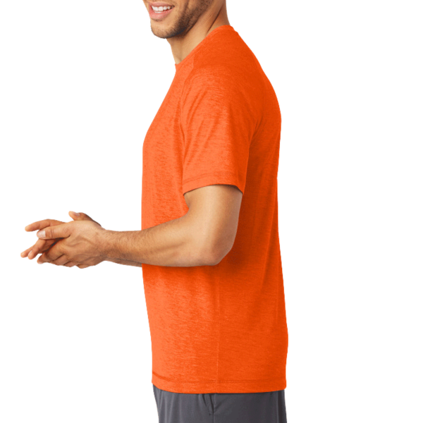 Sport Tek PosiCharge ® Tri Blend Wicking Raglan Tee, Deep Orange Heather / Deep Orange Heather, Left Sleeve view