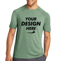 Sport Tek PosiCharge ® Tri Blend Wicking Raglan Tee, Forest Green Heather / Forest Green Heather, Front view, Mockup
