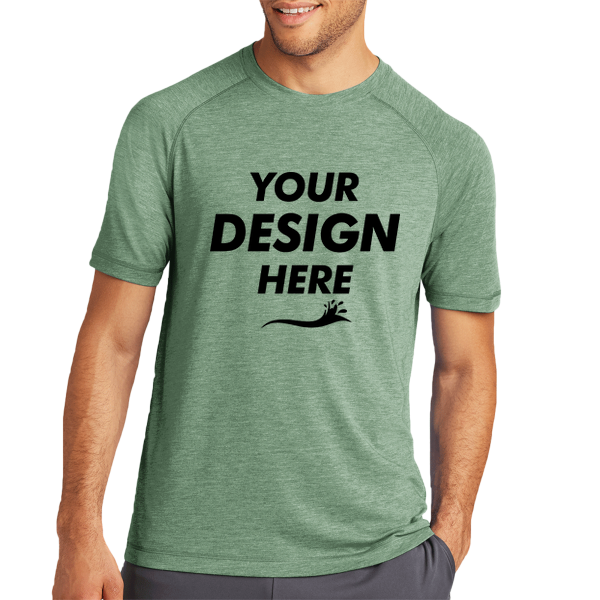 Sport Tek PosiCharge ® Tri Blend Wicking Raglan Tee, Forest Green Heather / Forest Green Heather, Front view, Mockup