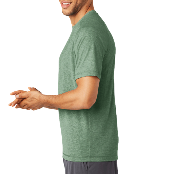 Sport Tek PosiCharge ® Tri Blend Wicking Raglan Tee, Forest Green Heather / Forest Green Heather, Left Sleeve view