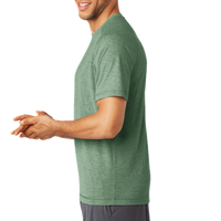 Sport Tek PosiCharge ® Tri Blend Wicking Raglan Tee, Forest Green Heather / Forest Green Heather, Left Sleeve view