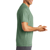 Sport Tek PosiCharge ® Tri Blend Wicking Raglan Tee, Forest Green Heather / Forest Green Heather, Right Sleeve view