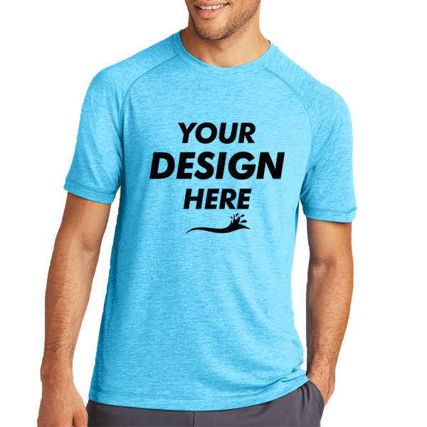 Sport Tek PosiCharge ® Tri Blend Wicking Raglan Tee, Pond Blue Heather / Pond Blue Heather, Front view, Mockup