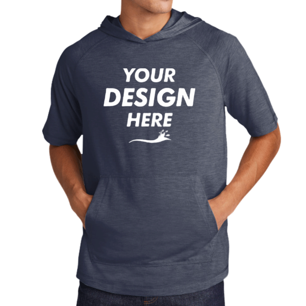 Sport Tek PosiCharge ® Tri Blend Wicking Short Sleeve Hoodie, True Navy Heather, Front view, Mockup