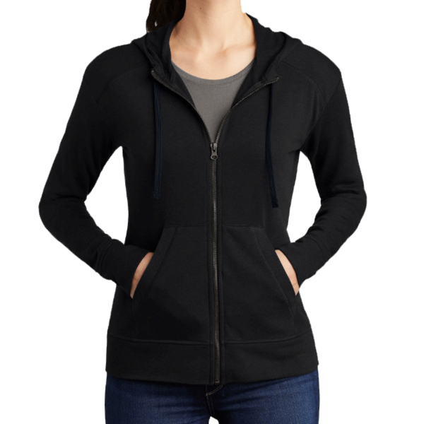 Sport Tek Women's PosiCharge ® Tri Blend Wicking Fleece Full Zip Hooded Jacket, Black Triad Solid, Front view