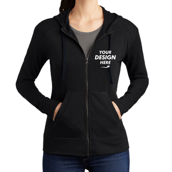 Sport Tek Women's PosiCharge ® Tri Blend Wicking Fleece Full Zip Hooded Jacket, Black Triad Solid, Front view, Mockup