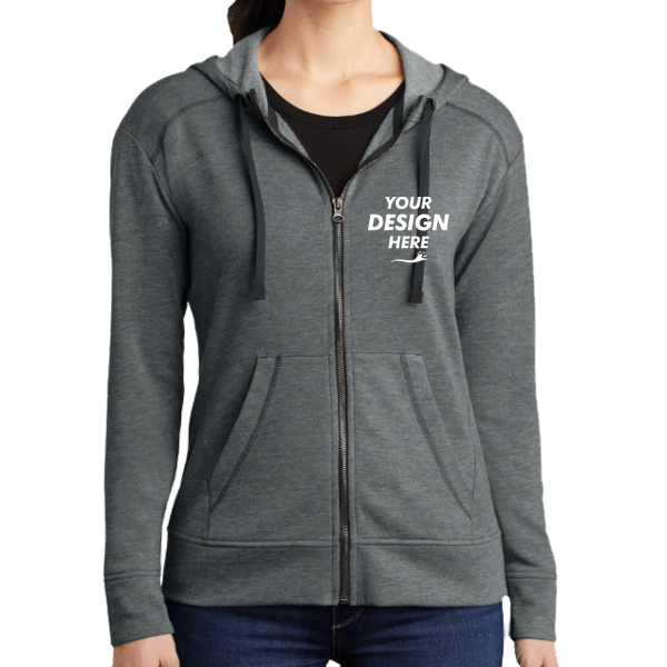 Sport Tek Women's PosiCharge ® Tri Blend Wicking Fleece Full Zip Hooded Jacket, Dark Grey Heather, Front view, Mockup