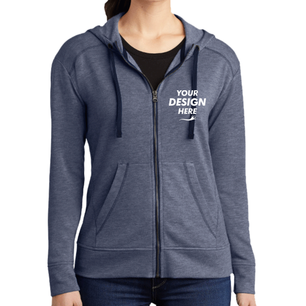 Sport Tek Women's PosiCharge ® Tri Blend Wicking Fleece Full Zip Hooded Jacket, True Navy Heather, Front view, Mockup