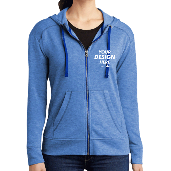 Sport Tek Women's PosiCharge ® Tri Blend Wicking Fleece Full Zip Hooded Jacket, True Royal Heather, Front view, Mockup