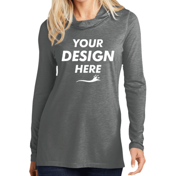 Sport Tek Women's PosiCharge ® Tri Blend Wicking Long Sleeve Hoodie, Dark Grey Heather, Front view, Mockup