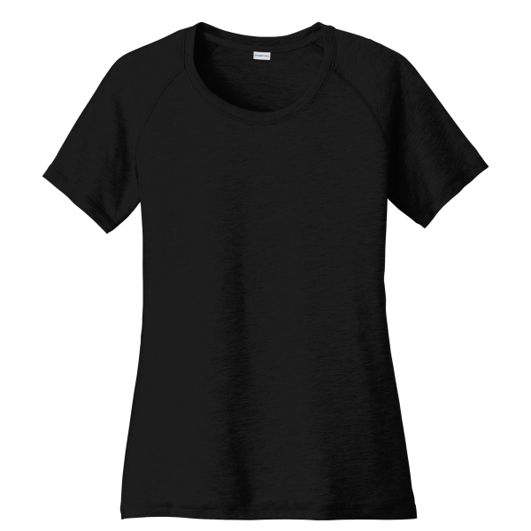 Sport Tek Women's PosiCharge ® Tri Blend Wicking Scoop Neck Raglan Tee, Black Triad Solid, Front view