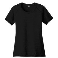 Sport Tek Women's PosiCharge ® Tri Blend Wicking Scoop Neck Raglan Tee, Black Triad Solid, Front view