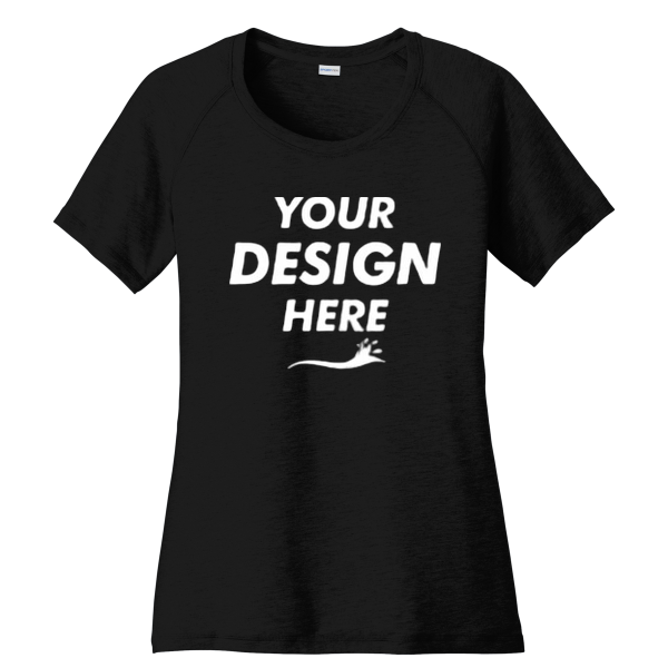 Sport Tek Women's PosiCharge ® Tri Blend Wicking Scoop Neck Raglan Tee, Black Triad Solid, Front view, Mockup