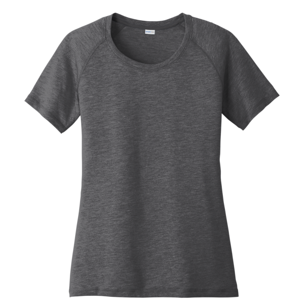 Sport Tek Women's PosiCharge ® Tri Blend Wicking Scoop Neck Raglan Tee, Dark Grey Heather, Front view