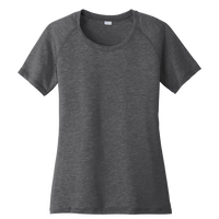 Sport Tek Women's PosiCharge ® Tri Blend Wicking Scoop Neck Raglan Tee, Dark Grey Heather, Front view