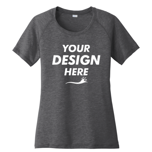 Sport Tek Women's PosiCharge ® Tri Blend Wicking Scoop Neck Raglan Tee, Dark Grey Heather, Front view, Mockup