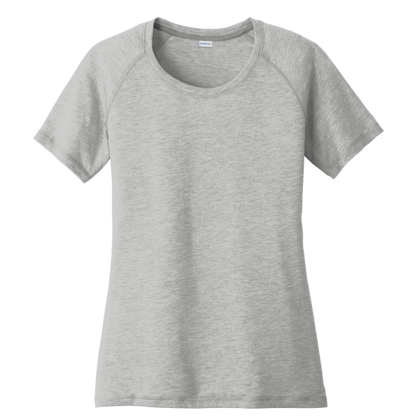 Sport Tek Women's PosiCharge ® Tri Blend Wicking Scoop Neck Raglan Tee, Light Grey Heather, Front view